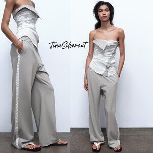 BLOGGER'S FAVE! Zara 2 Piece Pants With Side Stripe & Strapless Top Mid Gray NWT
